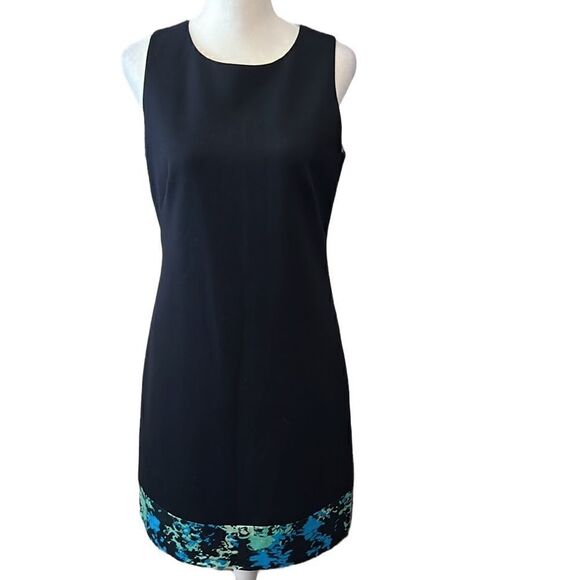 T Tahari navy blue sheath w/print band green & blue zipper & green lining - Picture 1 of 15